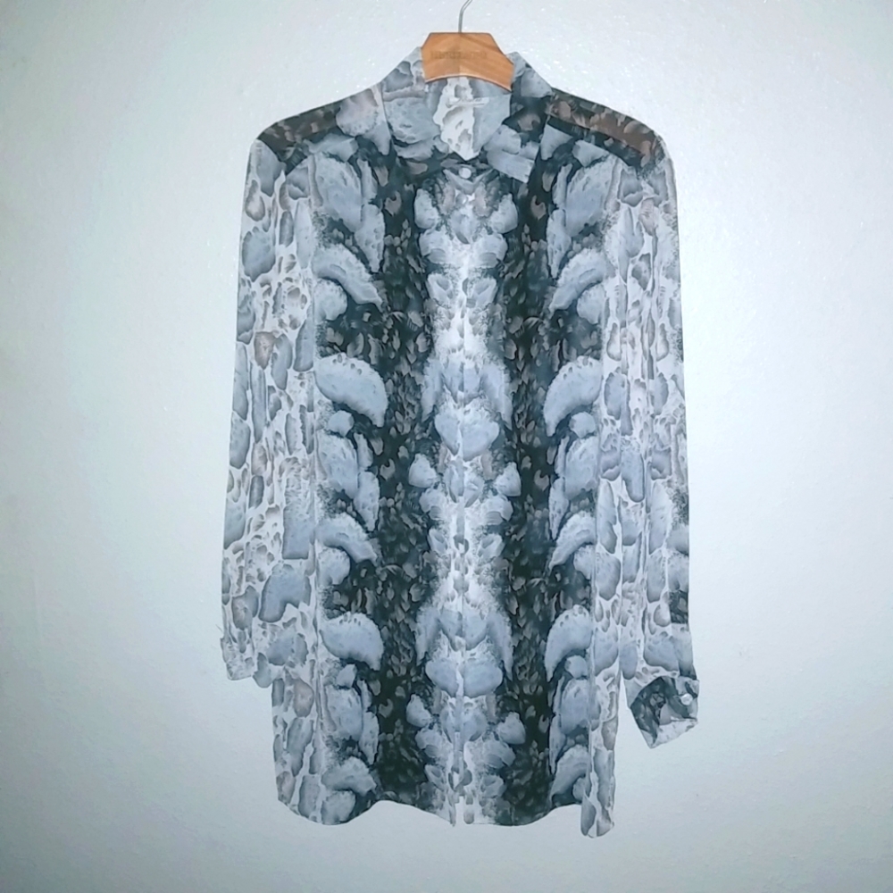 Poulie Collection XL Flowy Designer Tunic Asian Print Top in Gray Tan